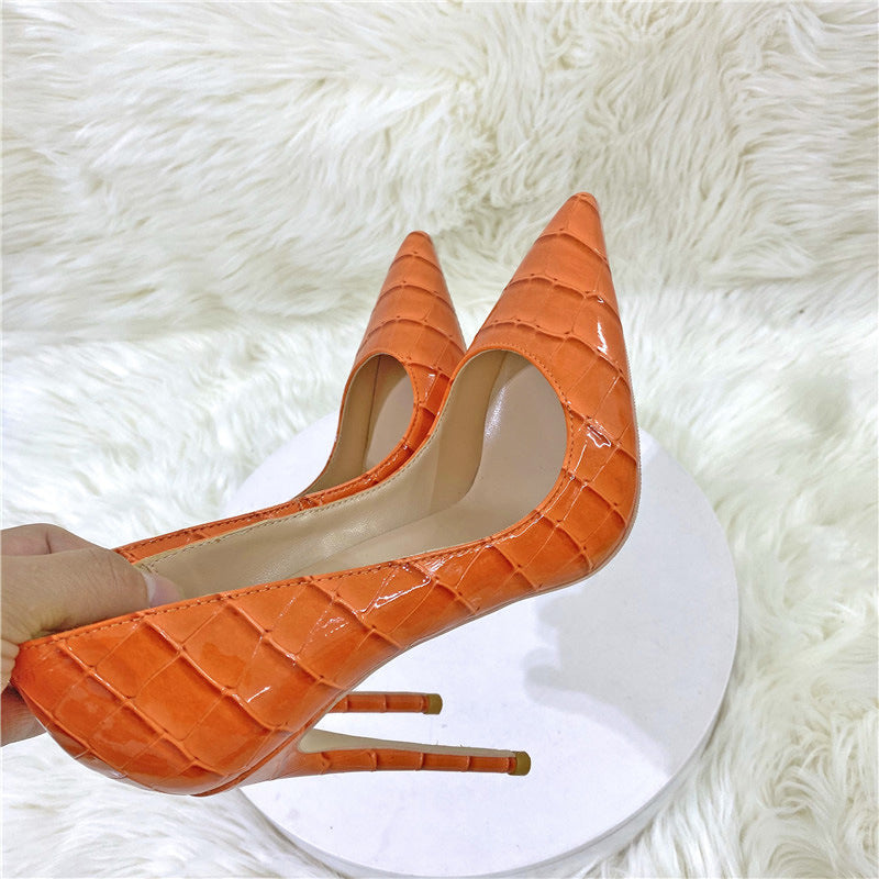 Women's Orange Snakeskin Pointed Toe Stiletto Low-cut Women's Fashion Shoes