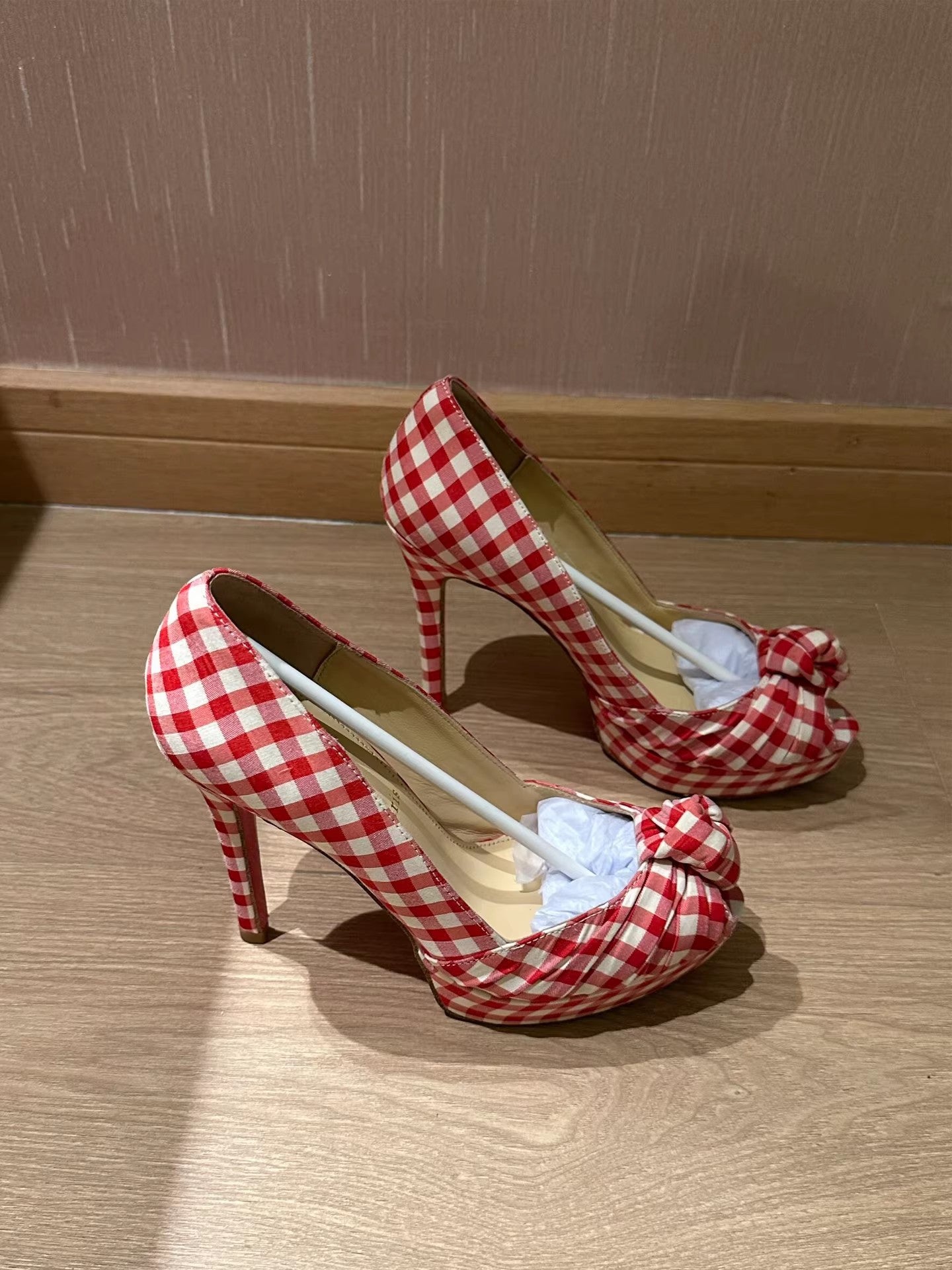 Women's Red Plaid Retro Peep Toe High Stiletto French Style Temperament Heels