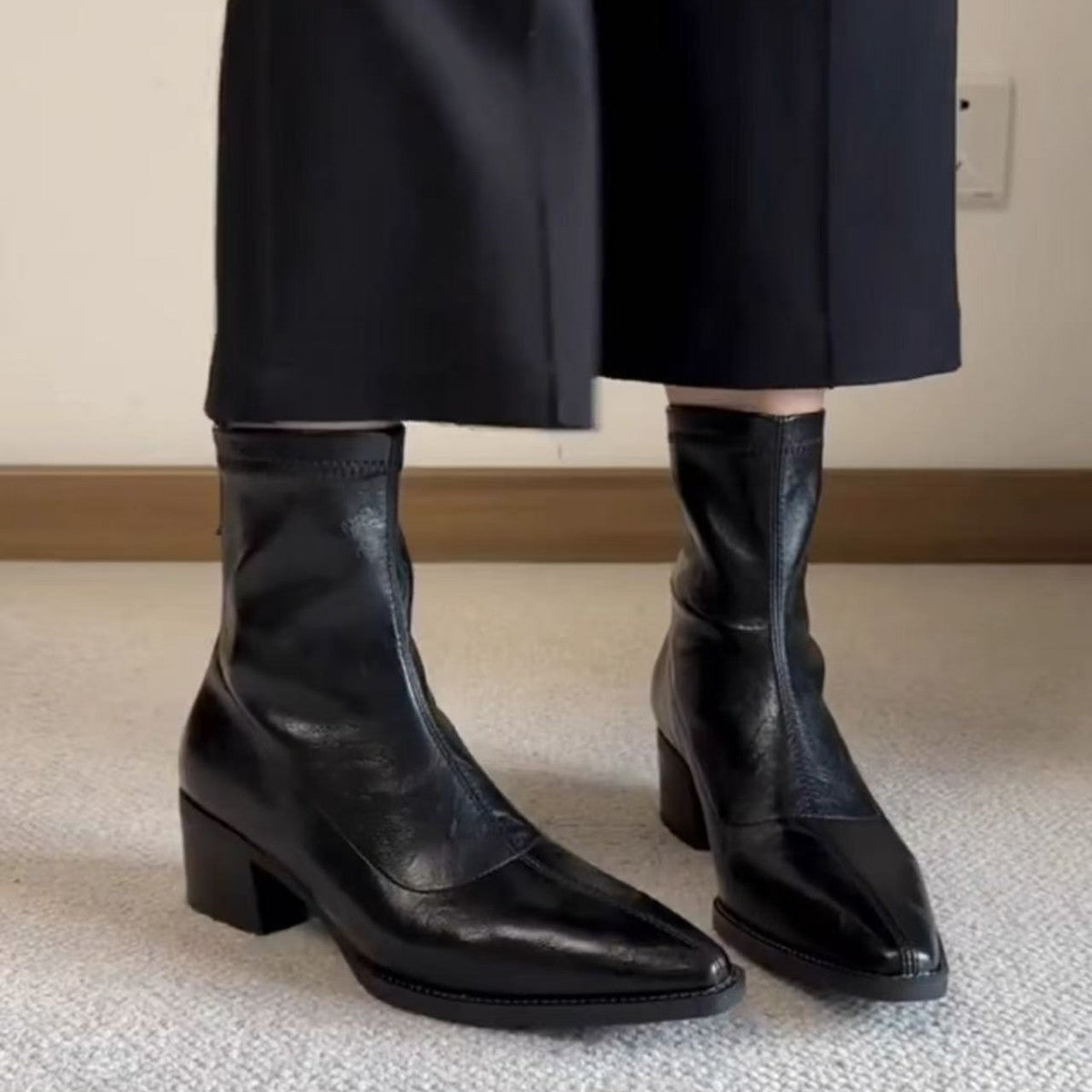 Women's Pointed Toe Chunky Booties Soft Stretch Thin French Commuter High Women's Leather Boots