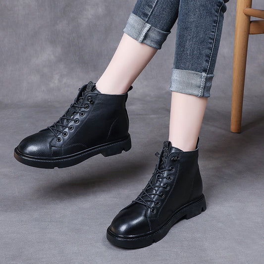 Martin Low Elastic Band Flat Comfortable Round Head Women's Leather Boots