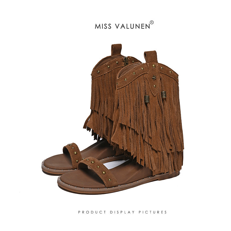 Women's Summer Tassel Strap Roman Style Western Cowboy Matte Women's Leather Boots