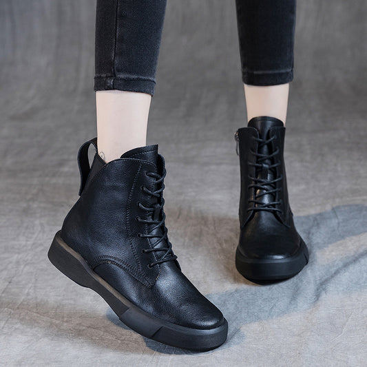 Women's Versatile Cowhide Short British Retro Platform Women's Leather Boots