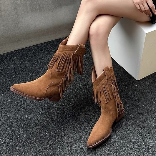 Knee-high Thick Western Cowboy Short Plus Women's Leather Boots