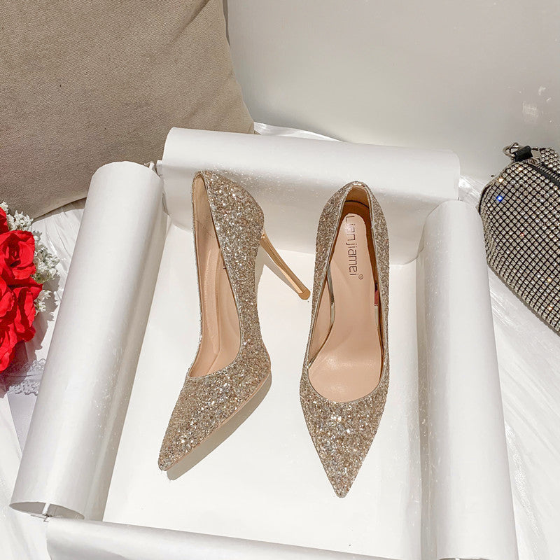 Women's Sequin Wedding Dress Two-way Wear Crystal High Stiletto Not Tired Heels