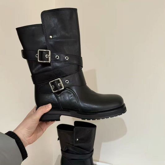 Women's Spring Retro British Style Belt Buckle Knight High Martin Women's Leather Boots