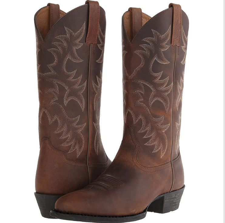 Men's Embroidered High Wooden Root Middle Love Western Cowboy Men's Leather Boots