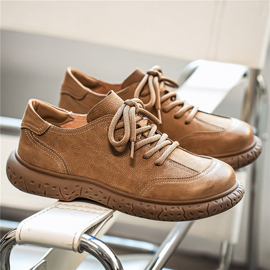 Men's Cowhide Large Toe Soft Bottom Wild Retro Fashion Trendy British Casual Shoes