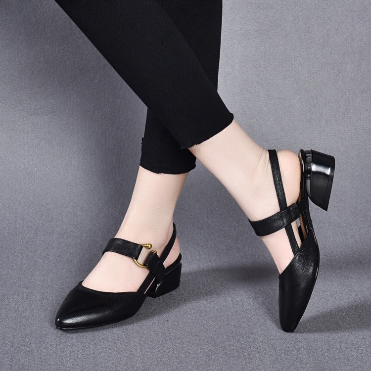 Women's Mid Square Toe Pumps Buckle Cowhide High Heeled Sandals