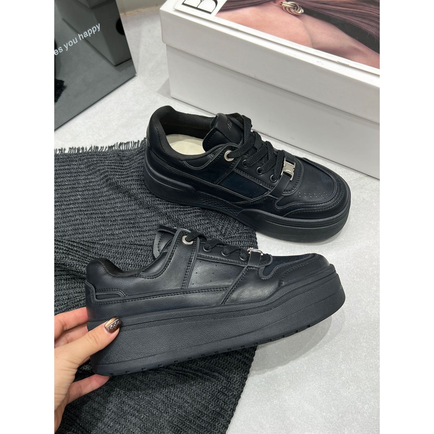 Women's One Mien Old Genuine Thick Sole Height Increasing White Skate Sports Casual Shoes
