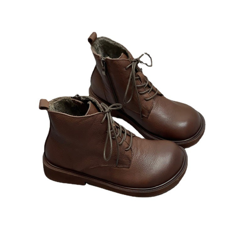 Women's Doll Head Artistic Retro Soft Bottom Side Zipper Women's Leather Boots