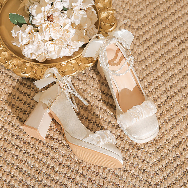 Women's High Chunky Lady Style Gentle Bridesmaid Vintage Pearl Mary Jane Women's Fashion Shoes