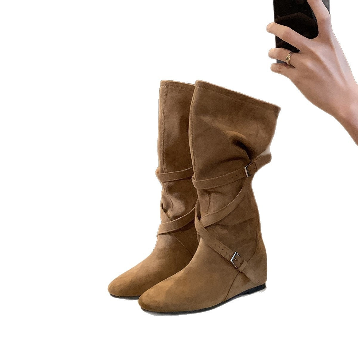 Women's Cowhide Version Height Increasing Korean Round Head Buckle Soft Pleated Boots