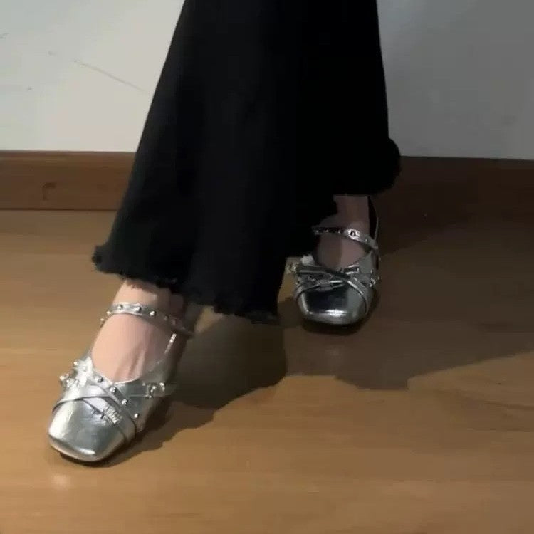 Women's Ballet Pumps Autumn Dress Design Sense Niche Square Toe Flat Leather Shoes