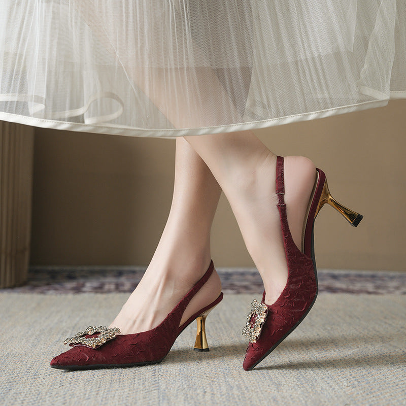 Women's Style Satin Pleated Square Buckle Pointed Toe Stiletto Sandals