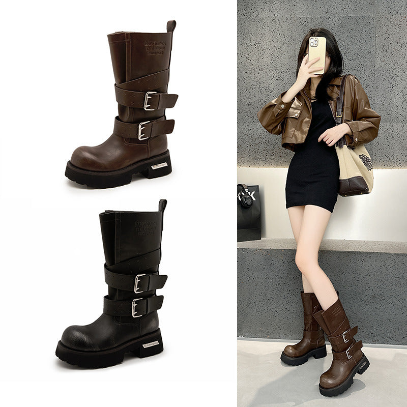 Women's Bottom Retro Big Head Derby Punk Motorcycle Knight Women's Leather Boots