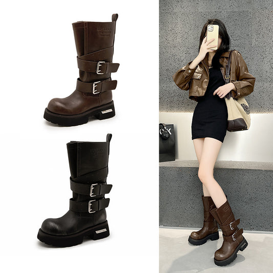 Women's Bottom Retro Big Head Derby Punk Motorcycle Knight Women's Leather Boots