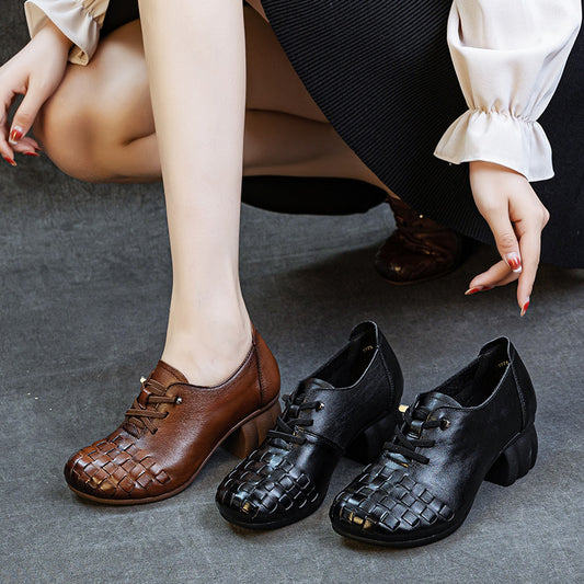 Women's Thick Soft Bottom First Layer Cowhide Slip-on High-cut Retro Handmade Heels