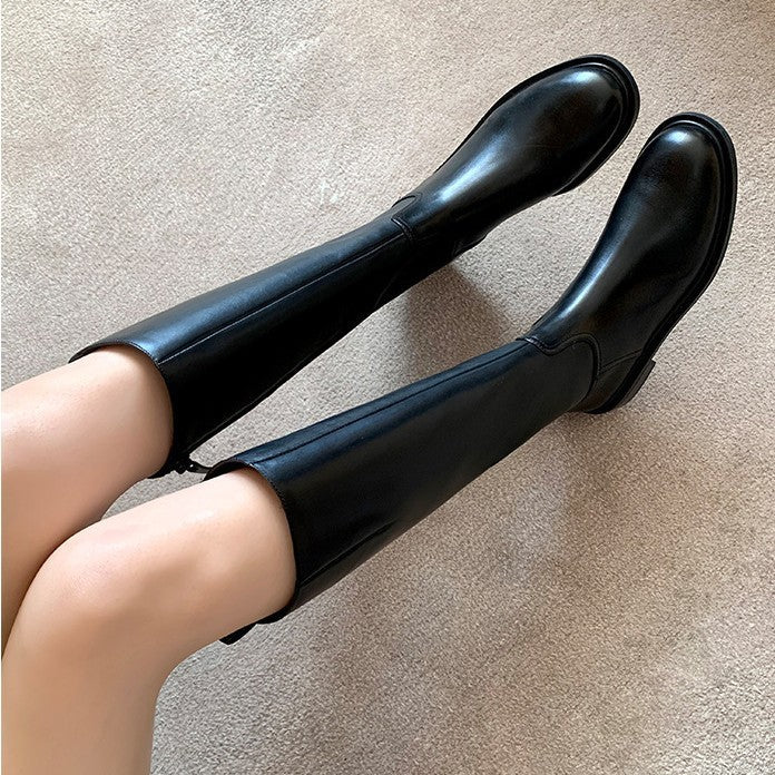 Korean Style Round Head Gold Buckle Chunky Side Zip Boots