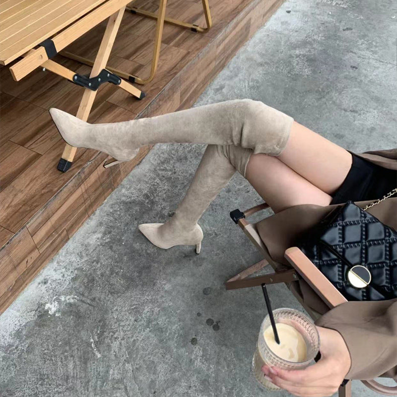 Pointed Toe High-heeled Thigh Female Apricot Suede Stretch Thin Over Boots