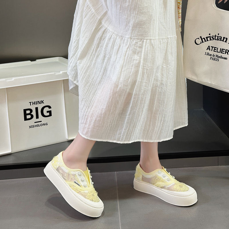 Women's Breathable White Lace Fisherman Mesh Fashionable Platform Slip-on Casual Shoes