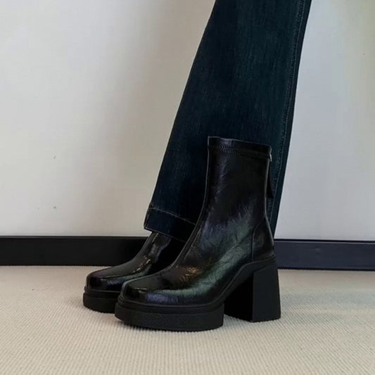 Women's Toe High Thin Chunky French Ankle Women's Leather Boots