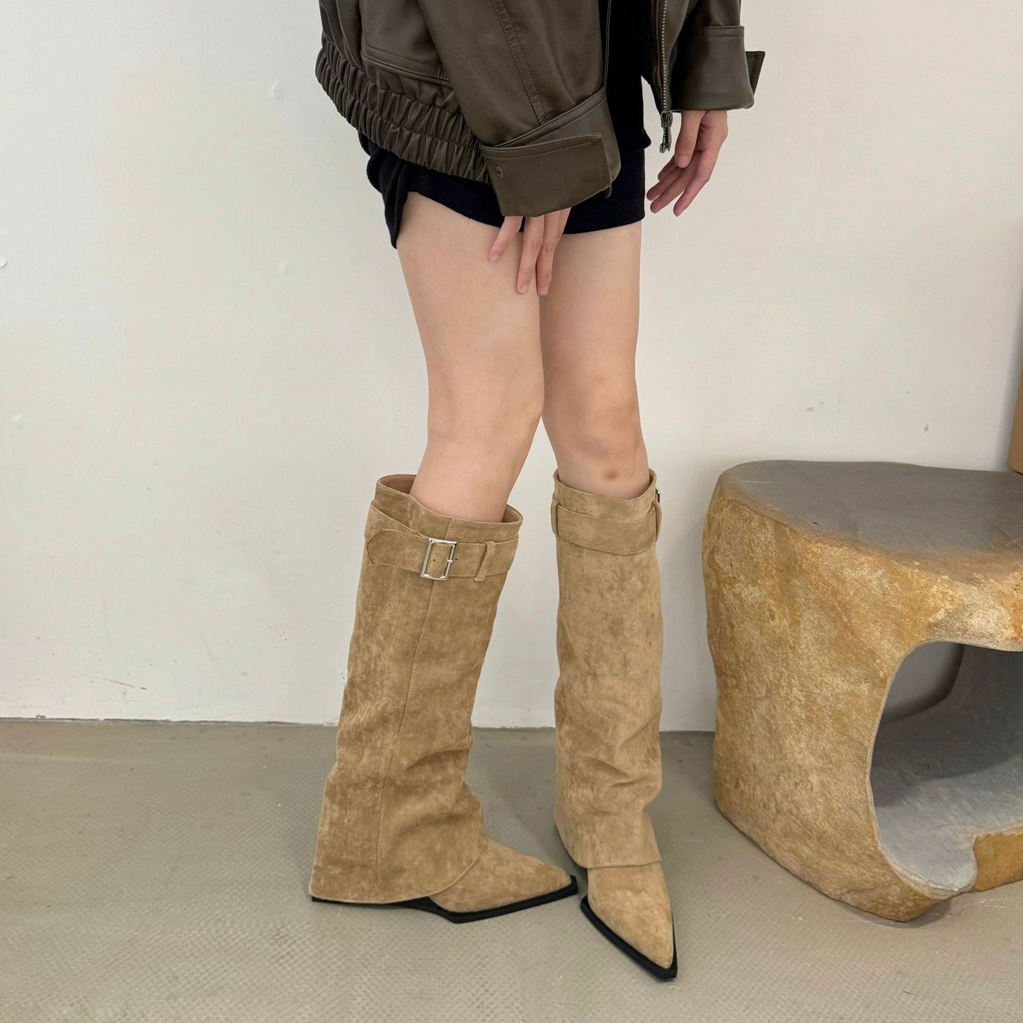 Wedge Suede High Pointed Toe Pantyhose Long Boots