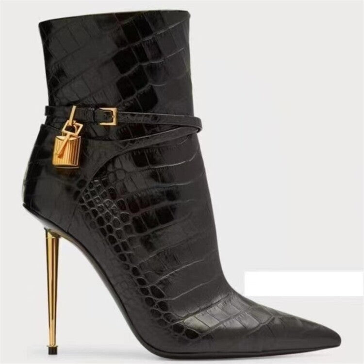 Metal Texture Stiletto Lock Slim Fit Women's Leather Boots