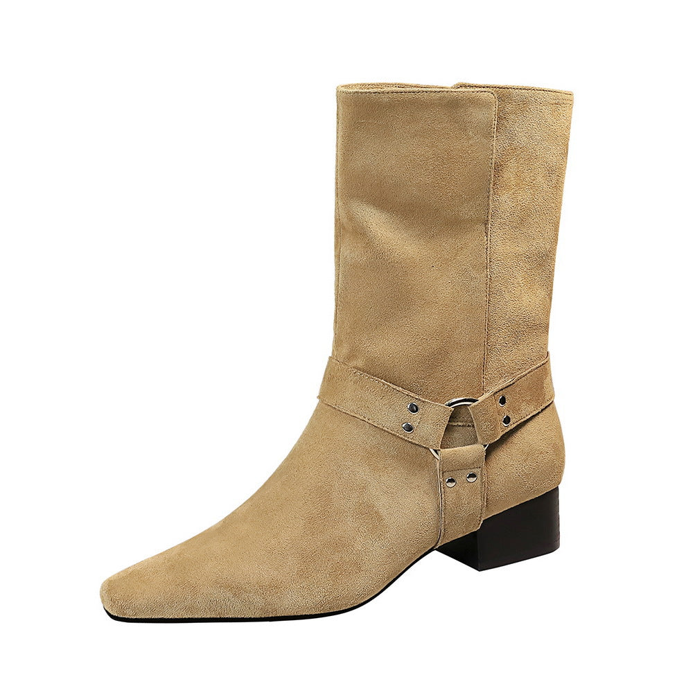Women's Western Fashion Square Toe Belt Buckle Mid Chunky Suede Thin Women's Leather Boots