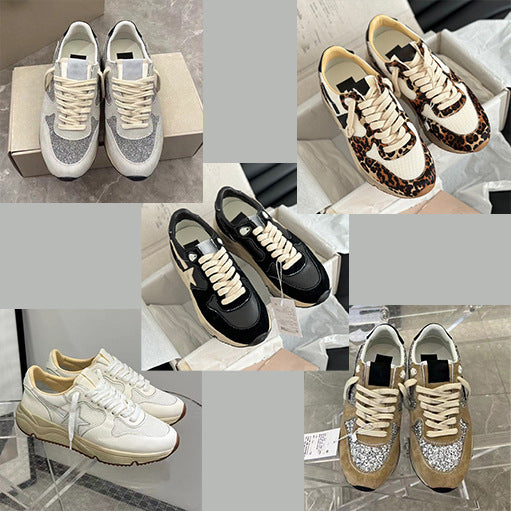 Women's Distressed Star Little Dirty Horse Fur Leopard Print Sequins Dad Sneakers