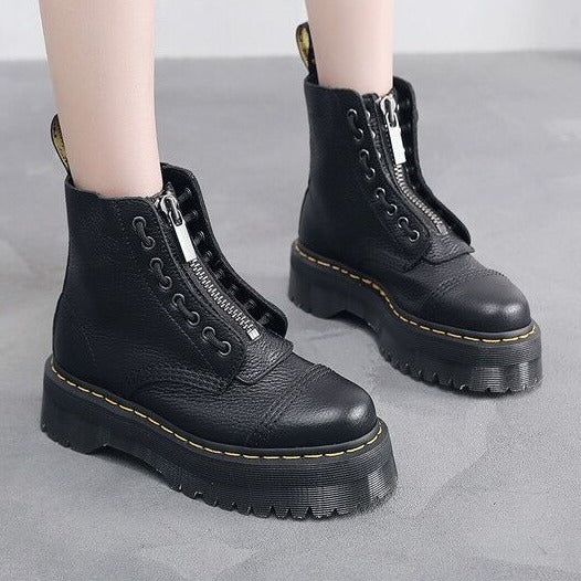 Women's & Men's Front Zip Platform Cowhide Sewing Raise The Boots