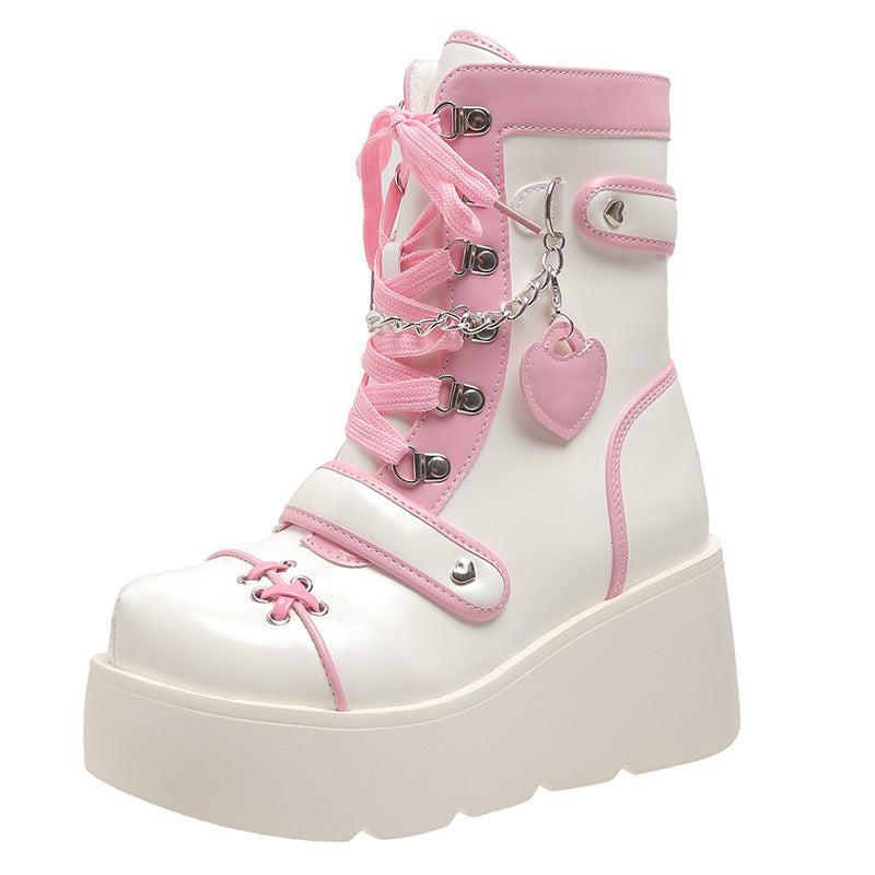 Thick Bottom Punk Motorcycle Platform Middle Women's Leather Boots