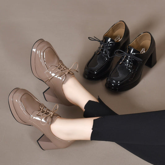 Women's Chunky Pumps Simple Pure Color Tied Western Style Patent Heels