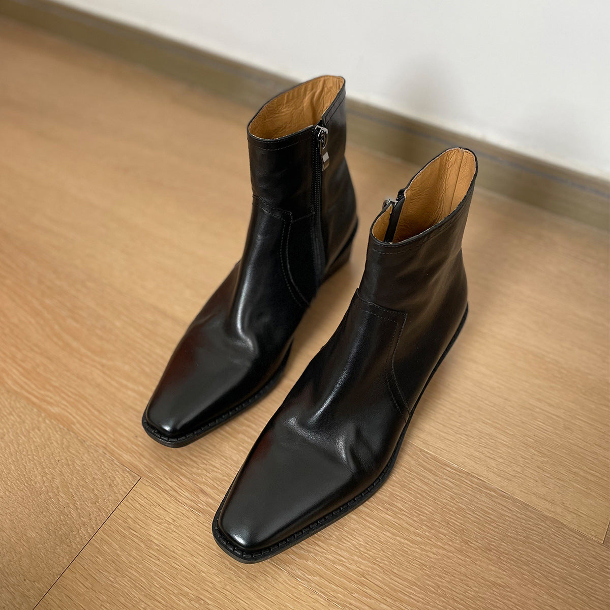 Women's Layer Cowhide Square Toe Short Chunky High British Women's Leather Boots