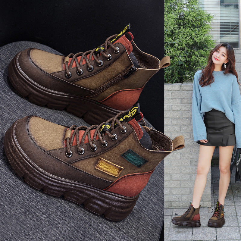 Women's Winter Fashion Small Height Increasing Retro Ankle Women's Leather Boots