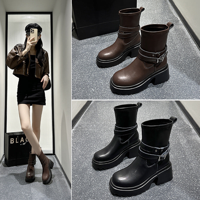 Women's For Height Increasing Skinny Belt Buckle Round Head Slip-on Boots
