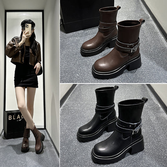 Women's For Height Increasing Skinny Belt Buckle Round Head Slip-on Boots