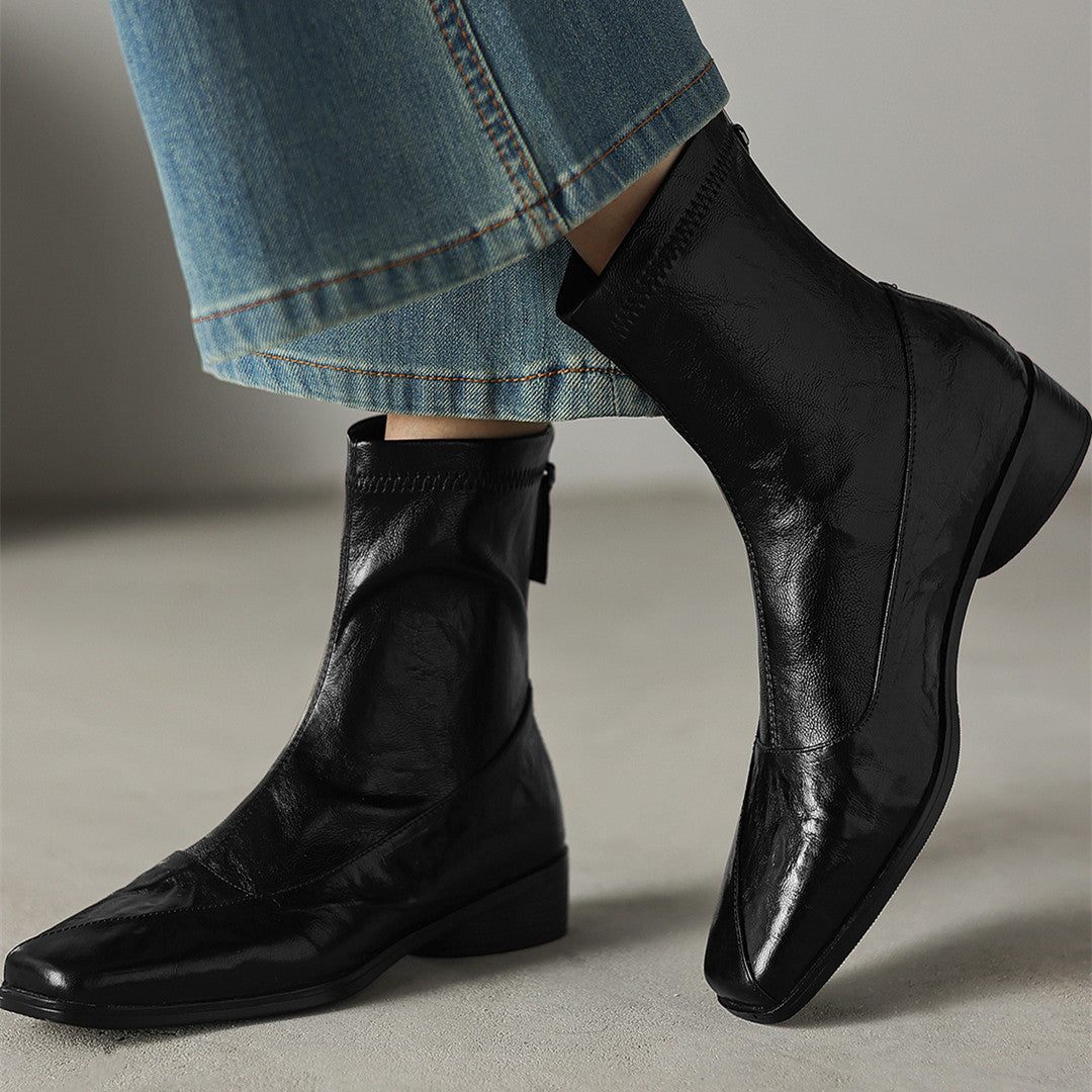 Women's Booties Genuine Temperament Square Toe Soft Bottom Comfortable Flat Boots