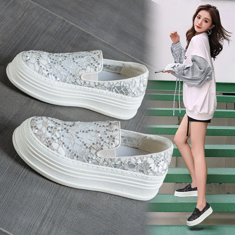 Women's Mesh Surface Thick Bottom Breathable Height Increasing Slip-on Lace Sequined Loafers