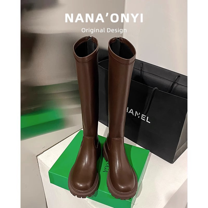 Women's Leg Thick Bottom Large Small Size Fat Widened Long Biker Women's Leather Boots