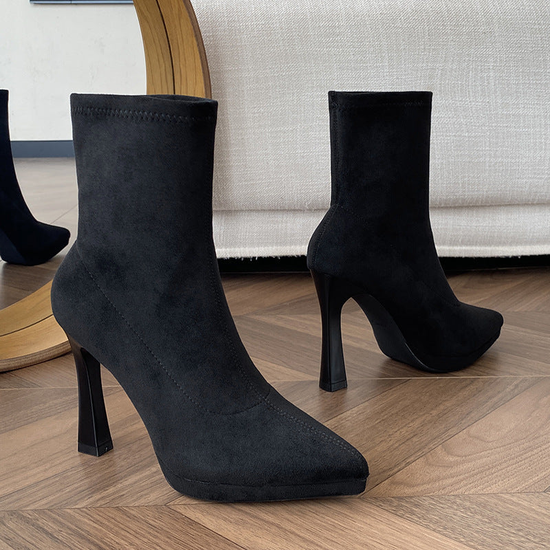 Women's Black Stretch Skinny Socks Waterproof Platform Stiletto Boots
