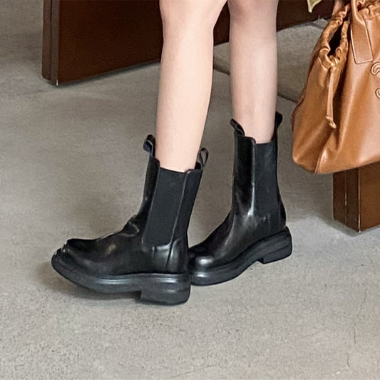 Women's Style Chelsea Pleated Smoke Pipe Thick Bottom Joker Women's Leather Boots