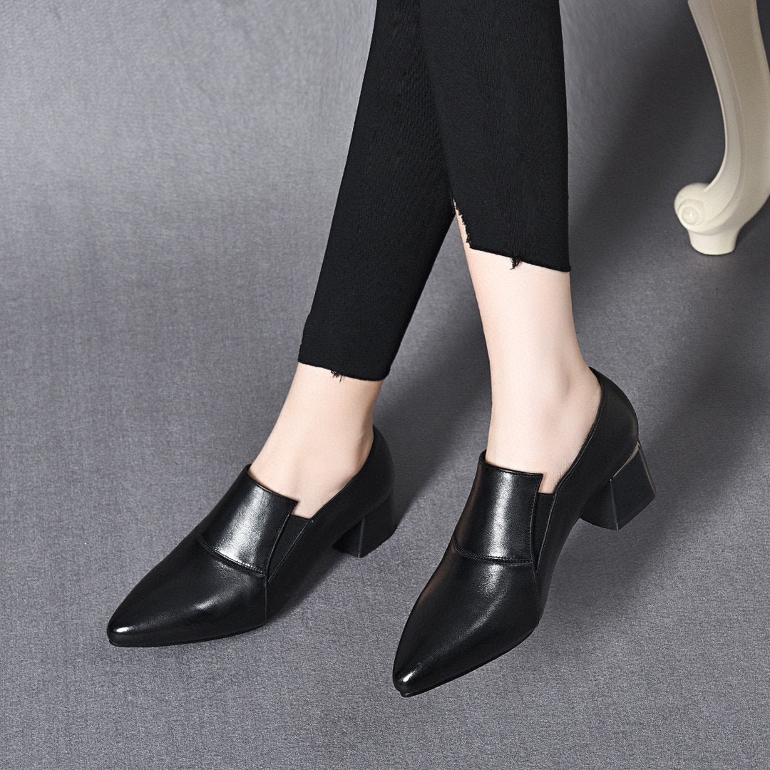 Women's High Deep Mouth Pumps Chunky Simple Leather Shoes