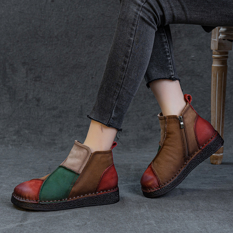 Women's Layer Cowhide Veet Warm Retro Contrast Color Short Tube Flat Boots