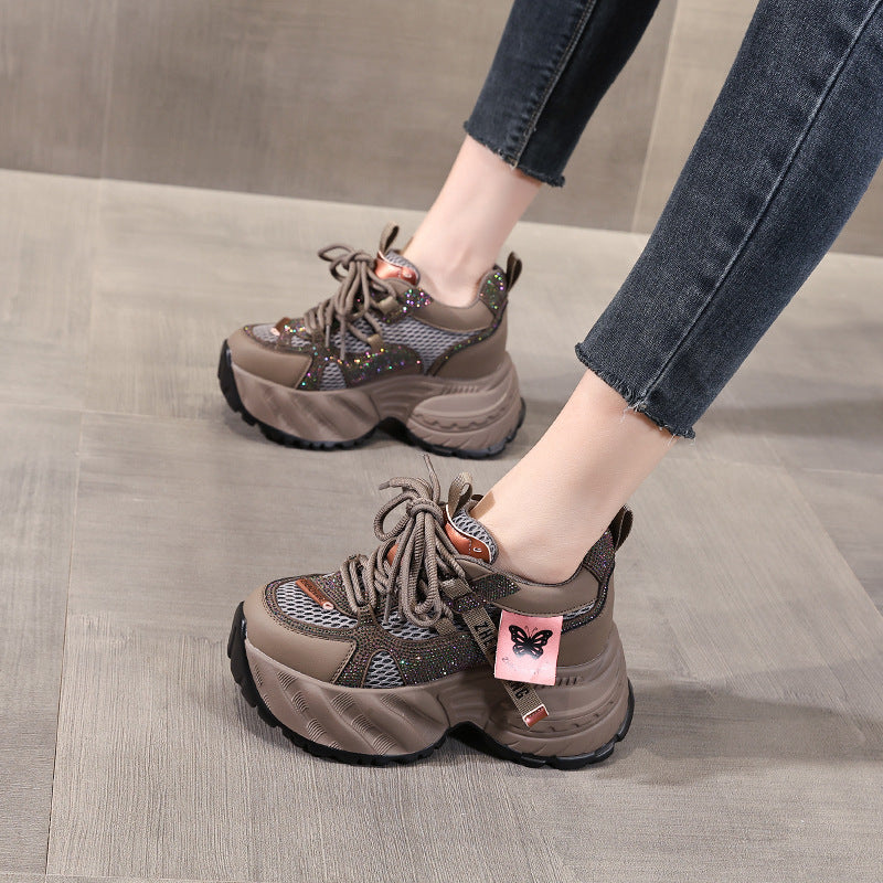 Women's Thick-soled Height Increasing Insole Rhinestone Mesh Surface Clunky Sports Casual Shoes