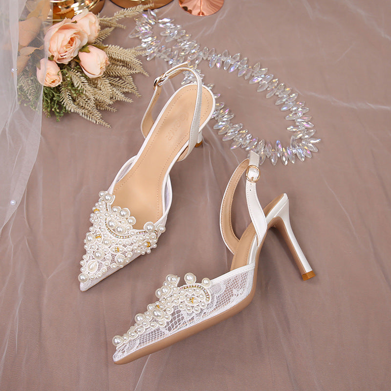Women's White Wedding Lace Princess Style Stiletto High Heeled Sandals