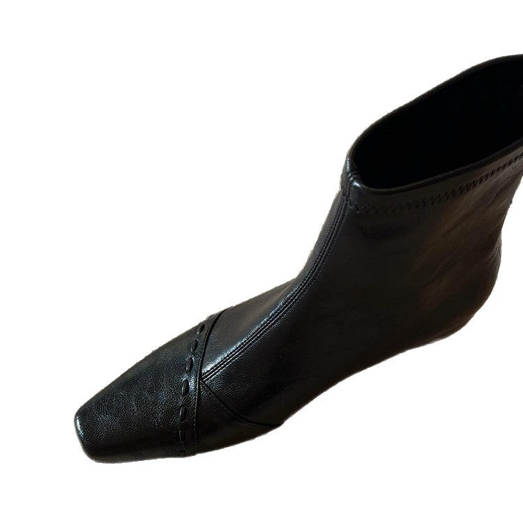 Women's Version Square Toe Genuine Simple Skinny French Gentle Back Zipper Women's Leather Boots