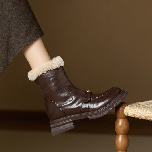 Women's British Style Round Head Thick Bottom Veet Women's Leather Boots