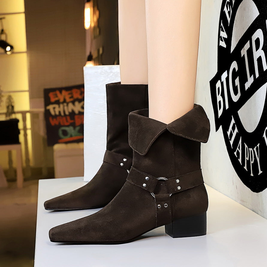 Women's Western Fashion Square Toe Belt Buckle Mid Chunky Suede Thin Women's Leather Boots