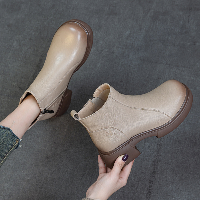 Women's First Layer Cowhide Martin Retro British Style Genuine Medium Heels