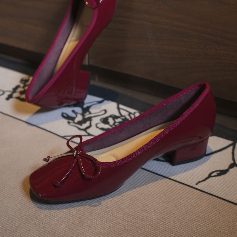 Women's Super Soft Bow Pumps Square Toe Chunky Mid Sweet Mary Heels